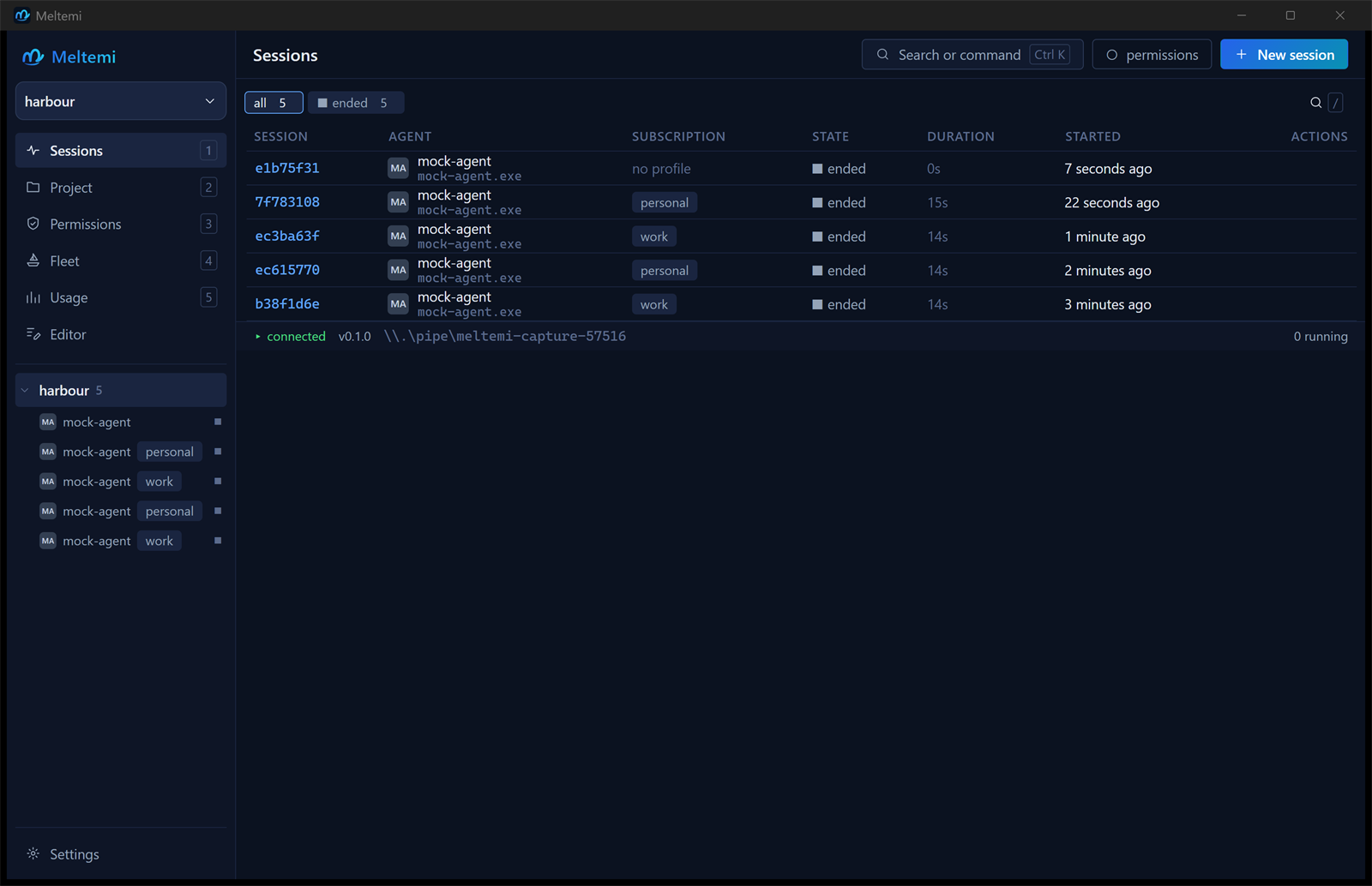 Desktop client on the sessions view: the sidebar lists the project with its five sessions nested underneath, each tagged with the agent and the launch profile that ran it, while the table shows session id, agent, subscription, state, duration and start time, and the footer reports the connection, the version and the local socket.